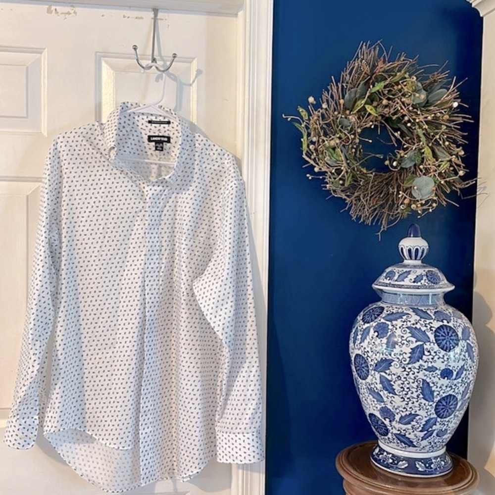 Nwot Men’s Lands’ End White & Blue Paisley Print Long Sleeve Casual Button-Down